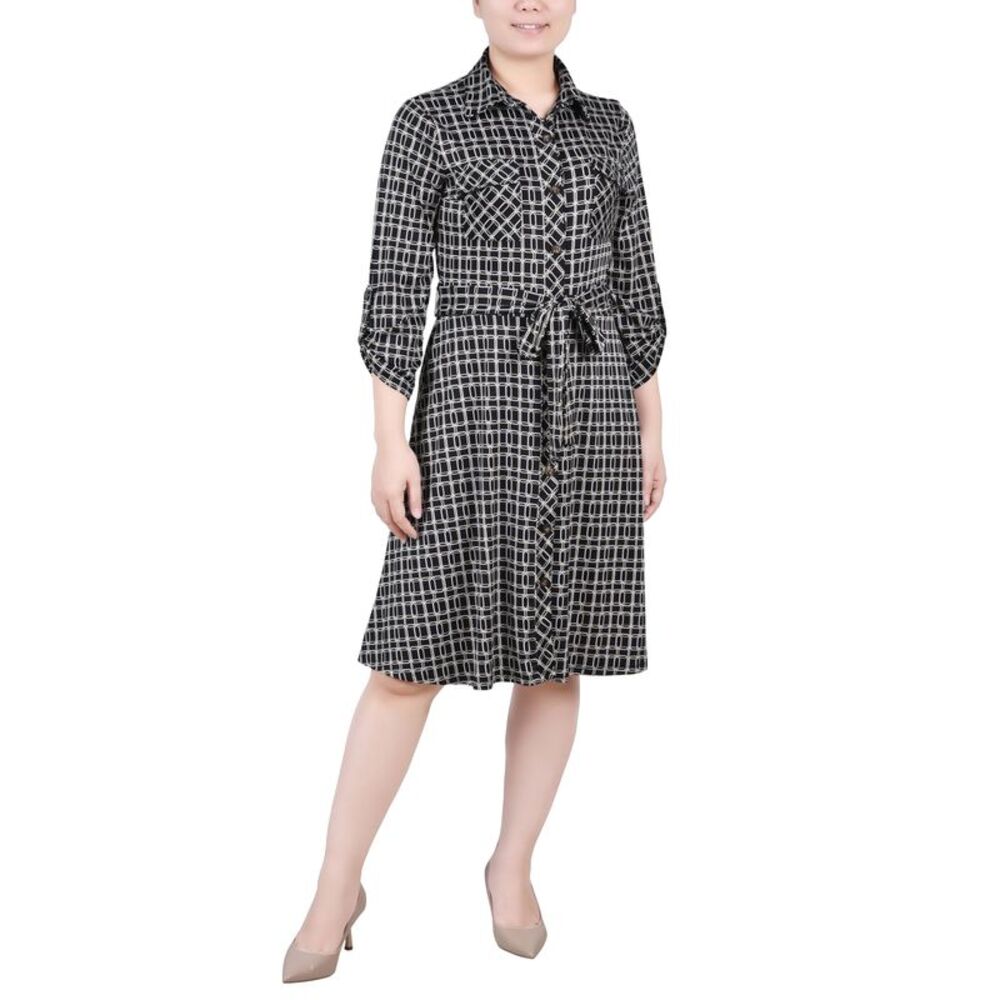 NY Collection Petite 3/4 Sleeve Roll Tab Shirtdress